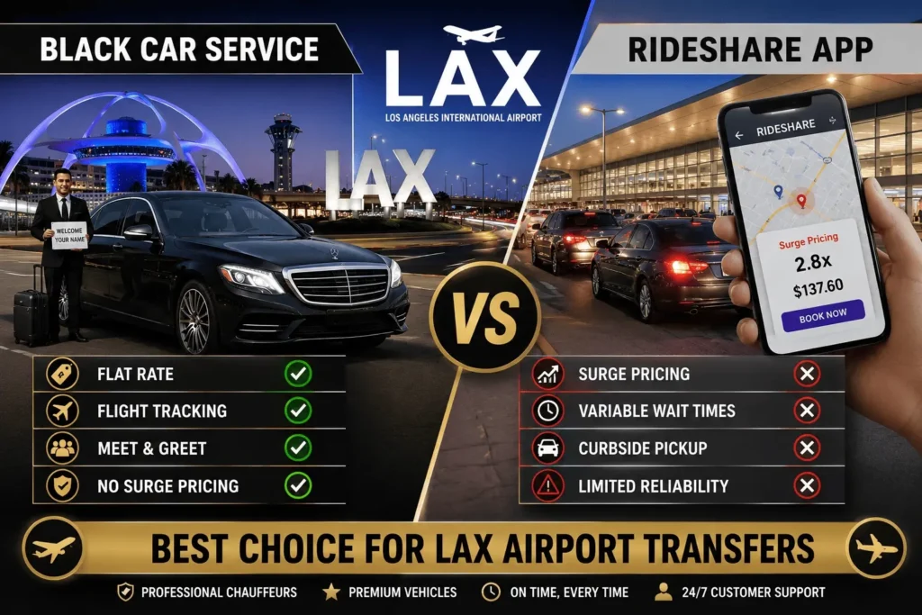 Black car service LAX airport transfer Los Angeles with flat-rate pricing, flight tracking, and professional chauffeur service.