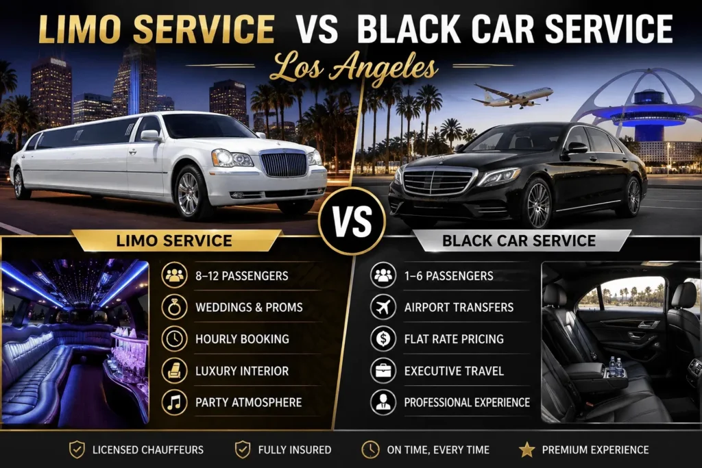 Limo service vs black car service Los Angeles comparison showing luxury limousine and executive black car transportation options.