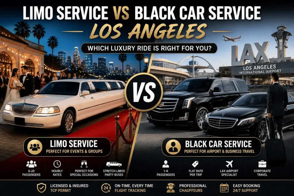 Limo vs black car service in Los Angeles for airport transfers, corporate travel, weddings, and events.
