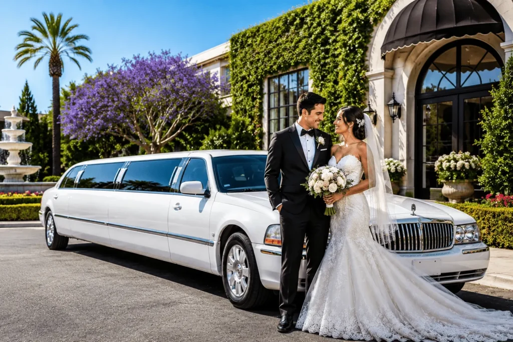 Wedding Limo Cost in Los Angeles featuring a luxury white stretch limousine with a bride and groom at an elegant wedding venue