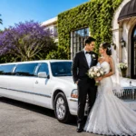 Wedding Limo Cost in Los Angeles featuring a luxury white stretch limousine with a bride and groom at an elegant wedding venue