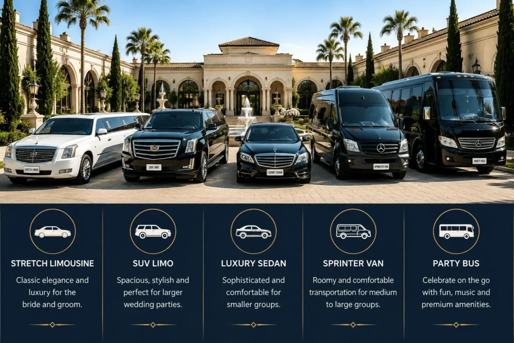 Wedding transportation options in Los Angeles including limo sedan sprinter van and party bus